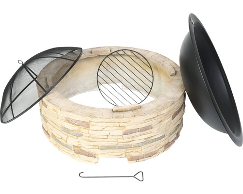 Foyer avec pare-étincelles, grille de barbecue, couvercle et tisonnier