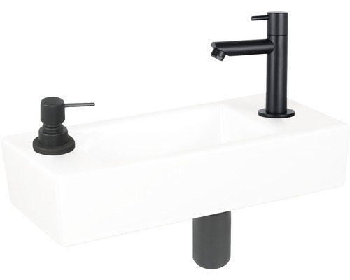 Lave-mains - Ensemble comprenant robinet de lave-mains noir SAPON céramique sanitaire émaillée blanche 42.5x18.5 cm