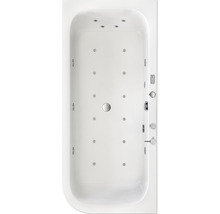 Baignoire rectangulaire blanche avec jets vus de dessus.