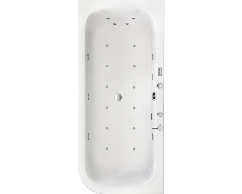 Baignoire rectangulaire blanche avec jets vus de dessus.