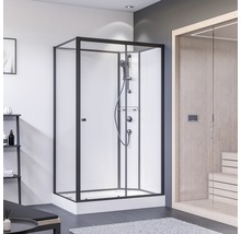 Cabine de douche avec cadre noir et système de douche dans la salle de bain