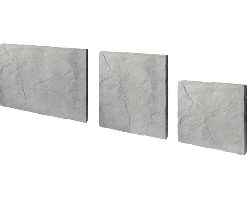 Dalle de terrasse en béton India gris multiformat épaisseur 4 cm (1 palette = 9.72 m² . ce qui correspond à 6 kits de 1.62 m²) Trois panneaux de pierre gris avec motif de pierre
