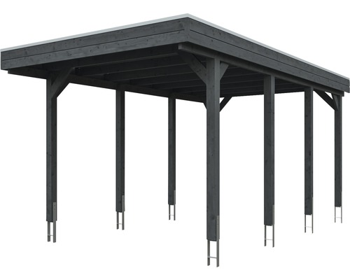 Carport en bois avec toit plat et ancrage métallique des poteaux