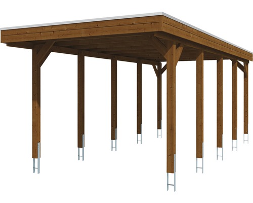 Carport en bois avec toit plat et supports en acier