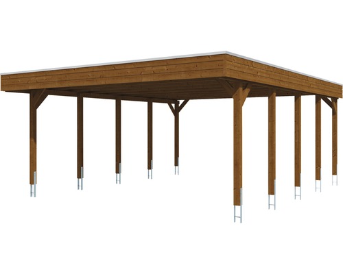 Holzcarport mit Flachdach und Stahlpfostenverankerung