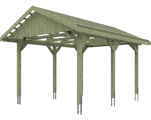 Carport en bois avec toit à deux pentes et six poteaux