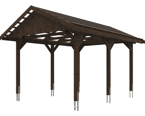 Carport en bois avec toit à deux pentes et six poteaux
