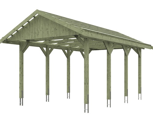 Carport en bois avec toit à deux pans et piliers de soutien