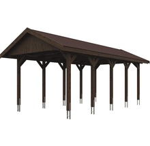 Carport simple SKAN HOLZ Wallgau avec lattes rouges et ancrage pour poteaux en H 380 x 750 cm noyer