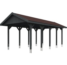Carport simple SKAN HOLZ Wallgau avec lattes rouges et ancrage pour poteaux en H 380 x 750 cm gris