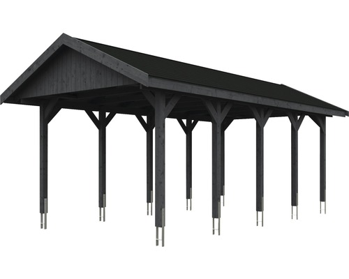 Carport en bois avec toit plat et plusieurs piliers de soutien