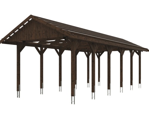 Carport en bois avec plusieurs poteaux pour abriter les véhicules