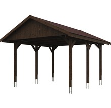 Carport simple SKAN HOLZ Wallgau avec lattes rouges et ancrage pour poteaux en H 430 x 500 cm noyer