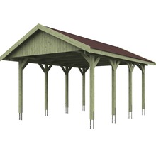 Carport simple SKAN HOLZ Wallgau avec lattes rouges et ancrage pour poteaux en H 430 x 600 cm imprégné