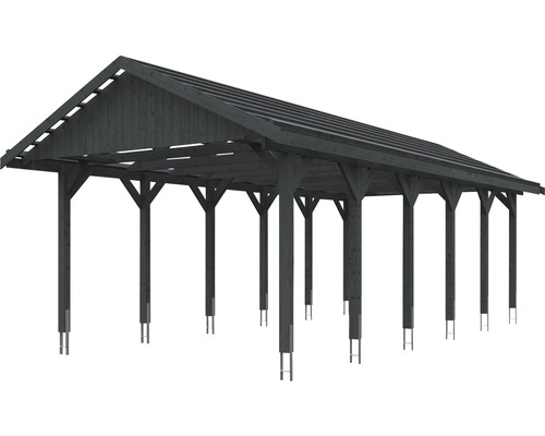 Holzcarport mit Satteldach und mehreren Stützpfosten