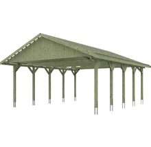 Carport double SKAN HOLZ Wallgau avec lattis et ancrage pour poteaux en H 620 x 750 cm imprégné