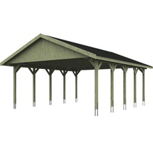 Carport double SKAN HOLZ Wallgau avec lattes noires et ancrage pour poteaux en H 620 x 750 cm imprégné