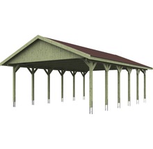 Carport double SKAN HOLZ Wallgau avec lattes rouges et ancrage pour poteaux en H 620 x 900 cm imprégné