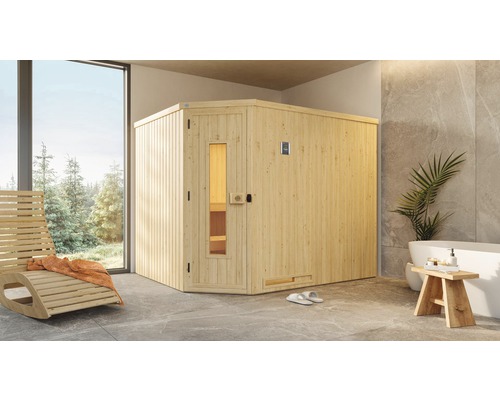 Elementsauna Weka Varberg Eck HT inkl.7,5 kW Bio Ofen u.digitaler Steuerung ohne Fenster mit Holztüre mit Isolierglas wärmegedämmt