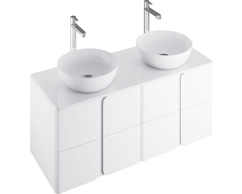 Waschtisch mit zwei Aufsatzwaschbecken und Armaturen