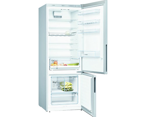 Geöffneter Kühlschrank mit Gefrierfach, ausgestattet mit Glasablagen, Schubladen und Fächern