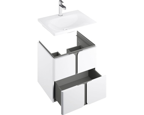 Meuble sous-lavabo avec tiroir ouvert et lavabo