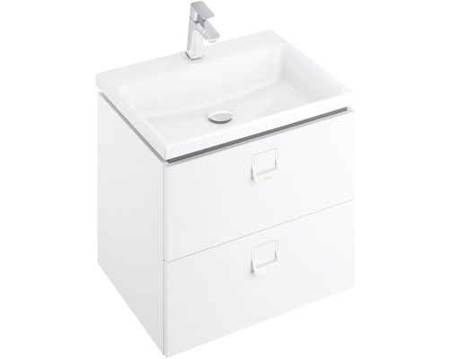 Waschtischunterschrank mit zwei Schubladen und Aufsatzwaschbecken sowie Armatur