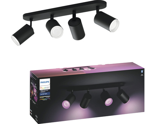 Philips Hue White and Color Ambiance LED-Spotleuchte mit vier Strahlern und Produktverpackung