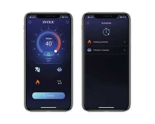 Zwei Smartphone-Screenshots der Intex Spa App zur Temperatur- und Zeitplanung.