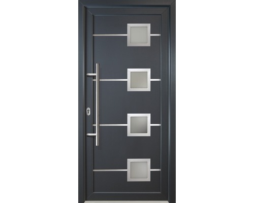 Porte d''entrée grise avec quatre panneaux de verre carrés et une poignée