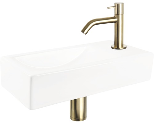 Aufsatzwaschbecken aus Keramik mit Armatur und Ablaufgarnitur