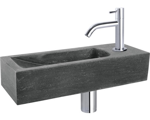 Lave-mains - Ensemble comprenant robinet de lave-mains chromé NEVA pierre naturelle sans revêtement noir 38x14 cm