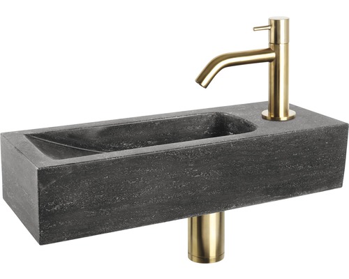 Handwaschbecken - Set inkl. Standventil gold NEVA Naturstein ohne Beschichtung schwarz 38x14 cm