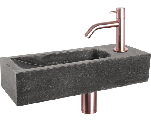 Handwaschbecken - Set inkl. Standventil kupferrot NEVA Naturstein ohne Beschichtung schwarz 38x14 cm