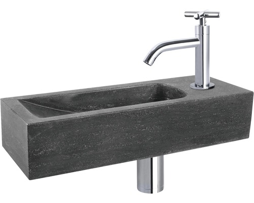 Lave-mains - Ensemble comprenant robinet de lave-mains chromé NEVA pierre naturelle sans revêtement noir 38x14 cm