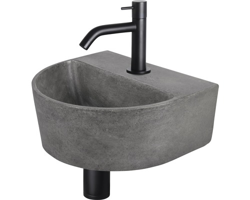Lave-mains - Ensemble comprenant robinet de lave-mains noir DEMI béton avec revêtement gris 30x25 cm