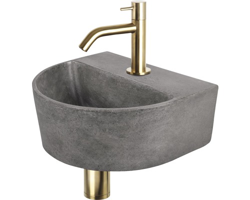 Lave-mains - Ensemble comprenant robinet de lave-mains doré DEMI béton avec revêtement gris 30x25 cm