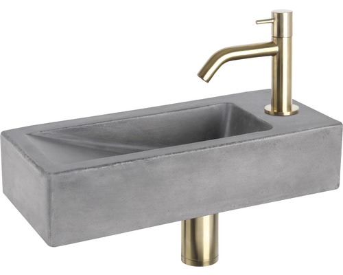 Handwaschbecken - Set inkl. Standventil gold DONI Beton mit Beschichtung grau 36x16 cm