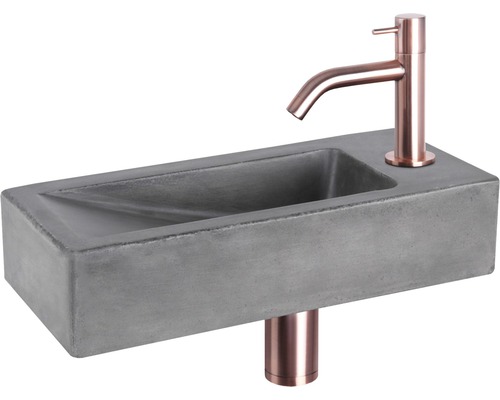 Lave-mains - Ensemble comprenant robinet de lave-mains rouge cuivre DONI béton avec revêtement gris 36x16 cm