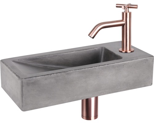 Lave-mains - Ensemble comprenant robinet de lave-mains rouge cuivre DONI béton avec revêtement gris 36x16 cm