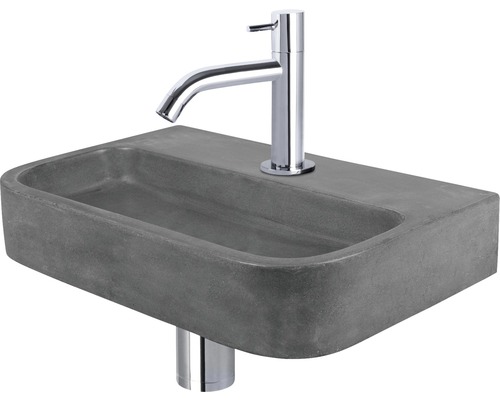 Lave-mains - Ensemble comprenant robinet de lave-mains chromé OVALE béton avec revêtement gris 38x24 cm