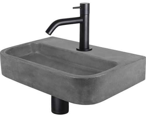 Handwaschbecken - Set inkl. Standventil schwarz OVALE Beton mit Beschichtung grau 38x24 cm