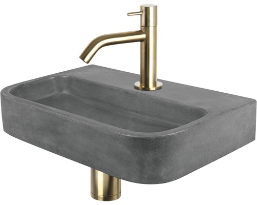 Lave-mains - Ensemble comprenant robinet de lave-mains doré OVALE béton avec revêtement gris 38x24 cm