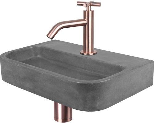 Lave-mains - Ensemble comprenant robinet de lave-mains OVALE béton avec revêtement gris 38x24 cm