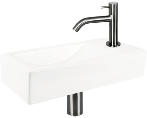 Rechteckiges Aufsatzwaschbecken aus Sanitärkeramik mit Armatur