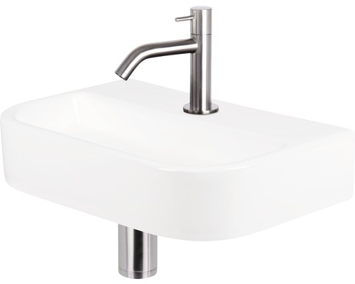 Keramikwaschbecken mit Armatur und Siphon