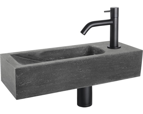 Handwaschbecken - Set inkl. Standventil schwarz NEVA Naturstein ohne Beschichtung schwarz 38x14 cm
