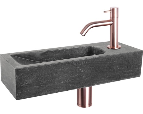 Lave-mains - Ensemble comprenant robinet de lave-mains NEVA pierre naturelle sans revêtement noir 38x14 cm