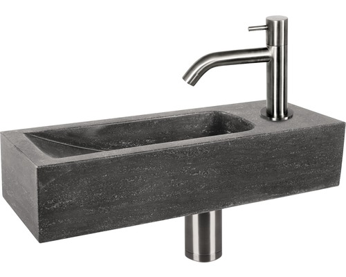 Handwaschbecken - Set inkl. Standventil NEVA Naturstein ohne Beschichtung schwarz 38x14 cm
