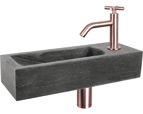 Lave-mains - Ensemble comprenant robinet de lave-mains NEVA pierre naturelle sans revêtement noir 38x14 cm